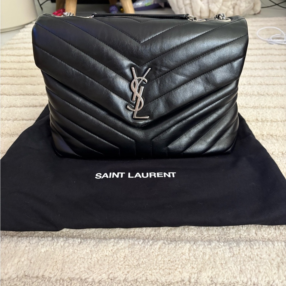Authentic Saint Laurent Medium Lou Lou Black Leather Bag with Silver Hardware